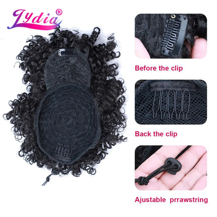 Lydia Drawstring Synthetic High Puff Afro Kinky Curly Ponytail With Bang Short Warp Bun Chignon Clip in Hairpiece Extension 140g