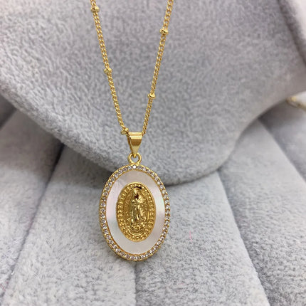 Oval Metal Sea Shell Zircon Virgin Mary Guadalupe Pendant Necklace Blessing Jewelry For Women