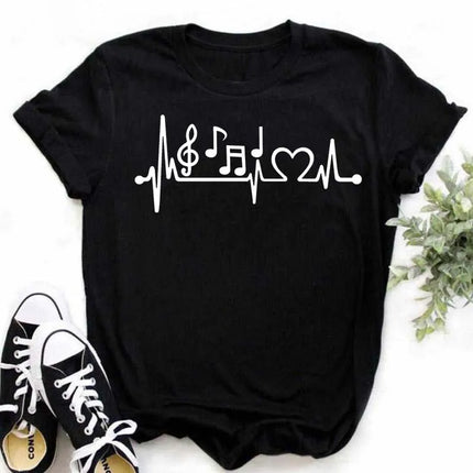 New Harajuku Funny Music Note Art T-Shirt Fashion Women T-Shirt Music Tops Short Sleeves Black T-Shirt Ladies Casual Tees Top