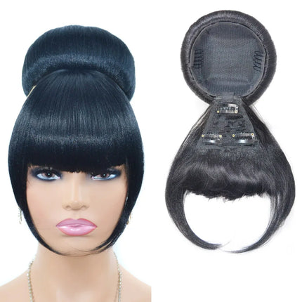 Synthetic Chignon with Bangs Clip In Hair Bun Pad Spherical Updos Hairpieces Black Color Daily Use Party Wedding Fashion Hair Ac