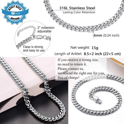 U7 6mm Wide 8.5inches Cuban Link Anklets for Women Adjustable Ankle Bracelets Men Gold Color Black Stainless Steel Jewelry