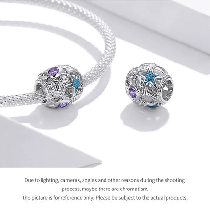 WOSTU 925 Sterling Silver Blue Conch Charm Ocean Bead Animal Turtle Starfish Pendant Fit Original Bracelet Necklace DIY Jewelry
