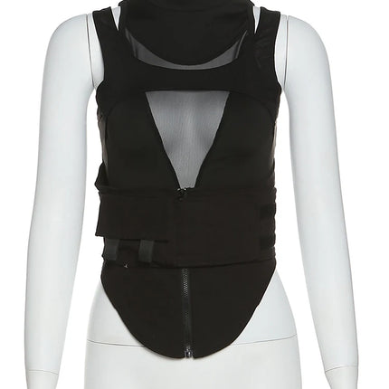 Sisterlinda Spring Mesh Patchwork Sexy Cool Moto Y2K Tank Top Women Skinny Belt Zip Multi-Layer Sporty Locomotive Trend Vest2022