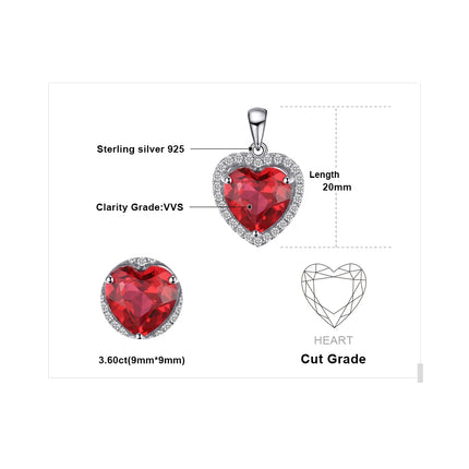 JewelryPalace Heart Love 3.6ct Created Ruby 925 Sterling Silver Pendant Necklace for Women No Chain Fashion Fine Jewelry Gift