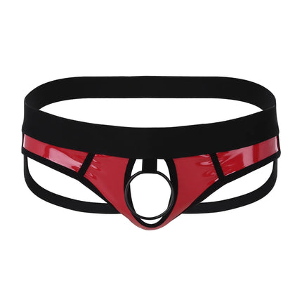 Mens Sexy Patent Leather Lingerie Hollow Out Bulge Pouch Latex Panties Jockstrap T-Back Letter Print Waistband Thongs Underwear