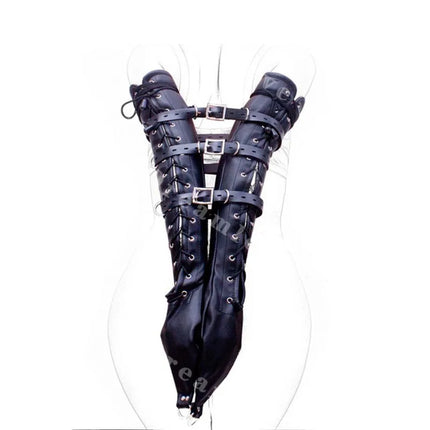 Kinky Women PU Leather Opera Full Length Gloves Arm Restraint Lockable Lacing and Buckling Double Mitts Fetish Costume