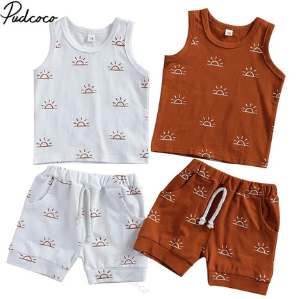 2021 Baby Summer Clothing Newborn Baby 2-piece Outfit Set Fashion Sun Print Tank Top Shirt +Shorts Set for Kids Boys Girls