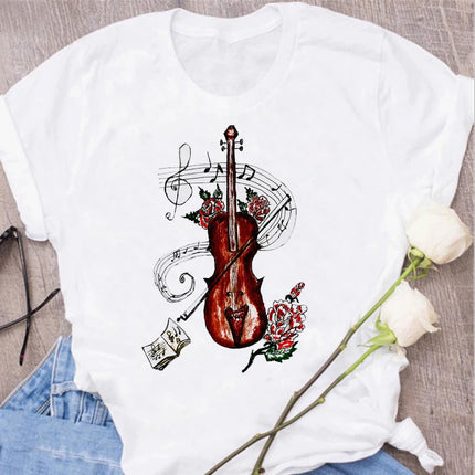 New Harajuku Funny Music Note Art T-Shirt Fashion Women T-Shirt Music Tops Short Sleeves Black T-Shirt Ladies Casual Tees Top