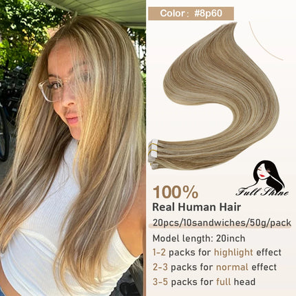 Full Shine Tape in Hair Extensions Remy Human Hair Balayage Highlights Natural Hair For Salon