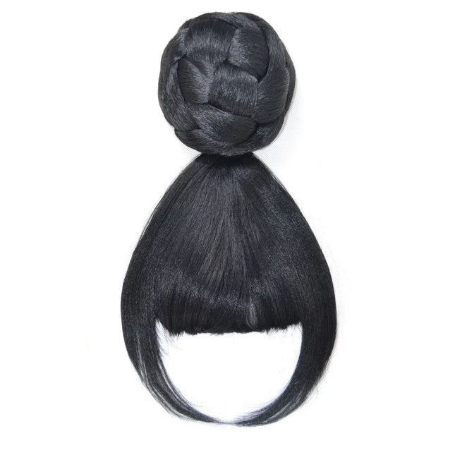 Jeedou Synthetic Hairpieces Spherical Updos Chignon with Bangs Clip-In Hair Bun Pad Donut Rubber Band Black Color