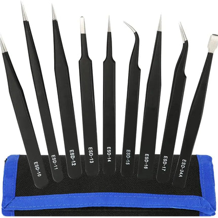 10Pc ESD Tweezer Set 1.5mm thick Anti-static Stainless Steel Non Magnetic Tips for Electronics Repair Soldering Crafting Jewelry