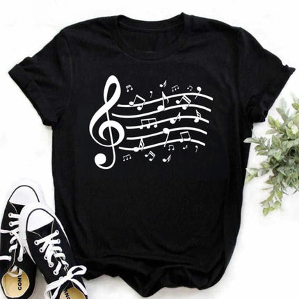 New Harajuku Funny Music Note Art T-Shirt Fashion Women T-Shirt Music Tops Short Sleeves Black T-Shirt Ladies Casual Tees Top