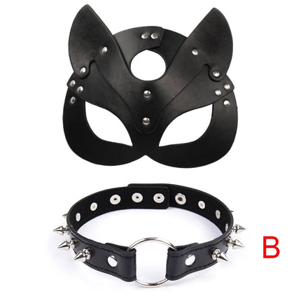 Erotic Cat Women Sex Mask and Collar Cosplay Face Cat Leather Mask Halloween Masquerade Party Mask Erotic Masks Sex Toys
