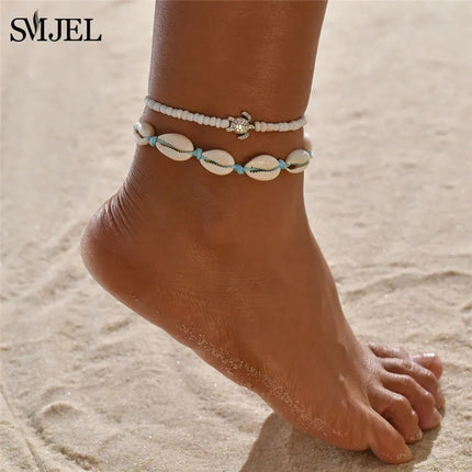 SMJEL Bohemian Shell Anklets for Women Handmade Woven Natural Shell Foot Jewelry Summer Beach Barefoot Bracelet ankle on Leg