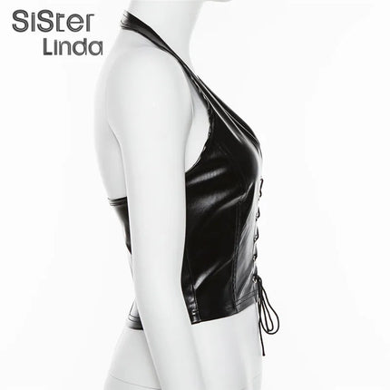 Sisterlinda Sexy Punk Y2K Black PU Leather Crop Top Womens Sleeveless Deep V Neck Backless Camisole Fashion Party Club Vests2021