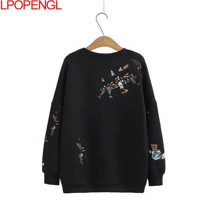 Harajuku Sweatshirt Women 2026 Autumn Winter New Fashion Casual Stitch-embroidered Long-sleeved O- Neck Breathable Hoodie Top