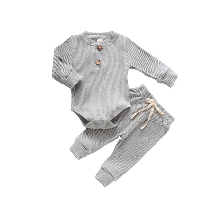 Infant Newborn Baby Girl Boy Spring Autumn Ribbed/Plaid Solid Clothes Sets Long Sleeve Bodysuits + Elastic Pants 2PCs Outfits