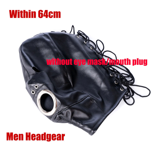 SM Leather Hood Blindfold, Head Harness Mask With Dildo Penis Mouth Gag, Fetish Slave BDSM Bondage Gimp, Adult Sex Toy For Women Men