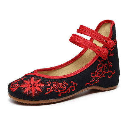 Veowalk Sunflower Embroidered Women Canvas Ballet Flats Ankle Strap Ladies Casual Cotton Chinese Embroidery Ballerina Shoes
