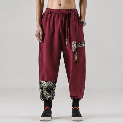 2024 Autumn Men Linen Harem Pants Mens Vintage Chinese Style Cotton Trousers Man Streetwear Pants Male Print Cross Crotch Pants