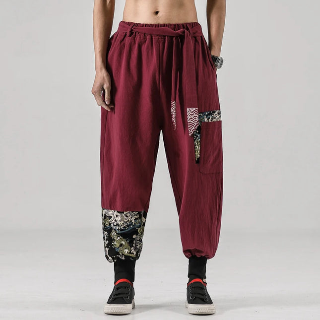 2024 Autumn Men Linen Harem Pants Mens Vintage Chinese Style Cotton Trousers Man Streetwear Pants Male Print Cross Crotch Pants