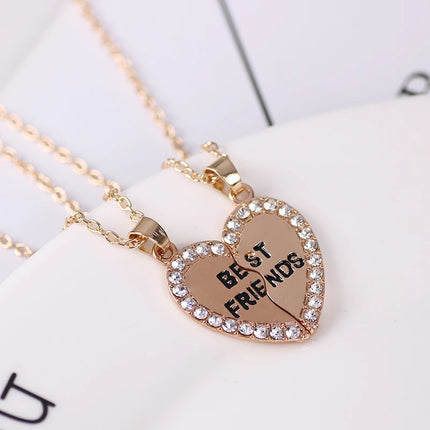 Unisex New 2 Pcs Heart Shape Best Friends Couple Necklaces Crystal Bff Friendship Forever Charm Jewelry For Girls Gifts