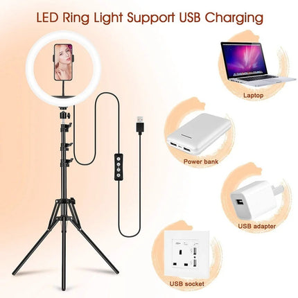 10in LED Selfie Ring Light Photography RingLight Phone Stand Holder Tripod Circle Fill Light Dimmable Lamp Youtube Video Makeup