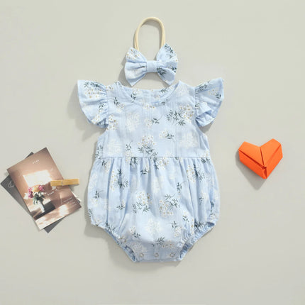 Baby Romper with Hairband, Kids Floral Print Round Neck Fly Sleeve Bodysuit+ Headband for Summer, Blue/Yellow, 0-24 Months