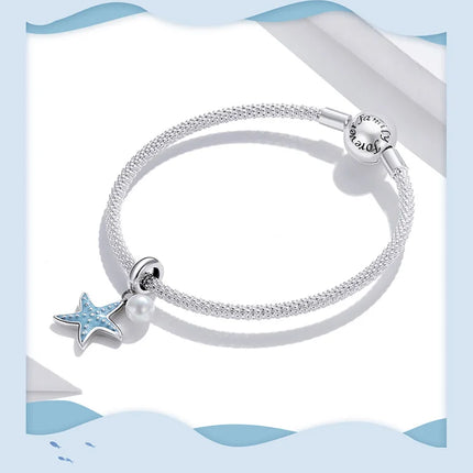 WOSTU 925 Sterling Silver Blue Conch Charm Ocean Bead Animal Turtle Starfish Pendant Fit Original Bracelet Necklace DIY Jewelry