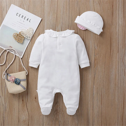 Newborn Baby Girls Romper Jumpsuit Long Sleeve Lace Ruffle Infant  Jumpsuit with Cap Toddler Clothing 0-12M