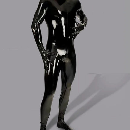 Sexy Shiny Bodysuit Men Full Body Cover PU Latex Waterproof U Convex Pouch Jumpsuit Sexy Lingerie Tight Gay Wear With Glove M115