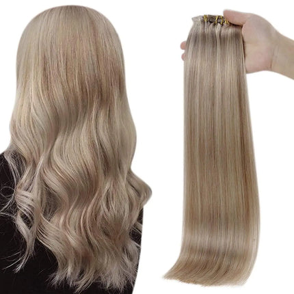 Full Shine Seamless Clip On Natural Human Hair Extension 8Pcs100g PU Clip Ombre Blond Color Skin Weft  Machine Remy For Women