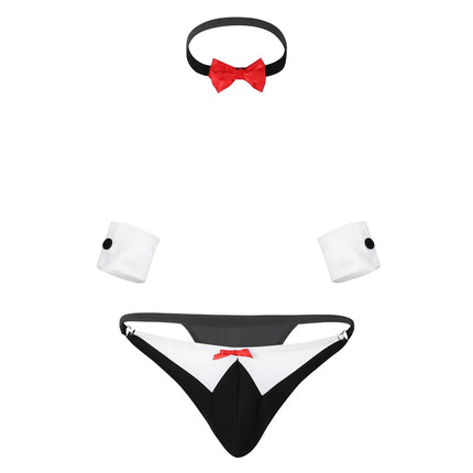 3Pcs Mens Waiter Lingerie Suit Open Back Tuxedo G-string Thong Underwear with Bow Tie Collar and Bracelets Cosplay Erotic Set