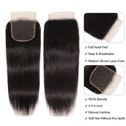 Unice Hair Malaysian Straight Hair Lace Closure 4X4 Free Part Remy Human Hair Closure Swiss Lace 1 PCS 150% Density