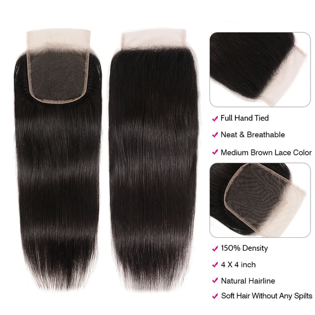 Unice Hair Malaysian Straight Hair Lace Closure 4X4 Free Part Remy Human Hair Closure Swiss Lace 1 PC 150% Density