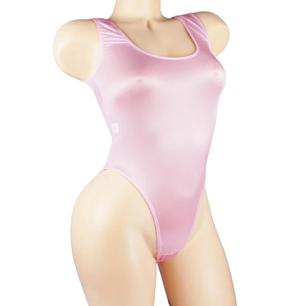 Satin Glossy Leotards One Piece Swimsuit Sexy High-Cut Open Crotch Bikini Thong Bodysuit Shiny Women Lingerie Plus Size
