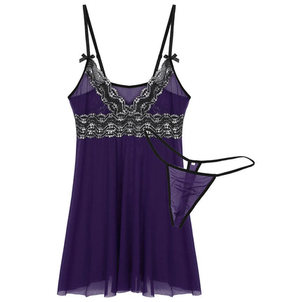 Men Women Babydoll Sleepwear Lace Trim Sissy Lingerie Sets Sling Straps Cross Dress with G-Strings Chemise Nightwear Clubwear