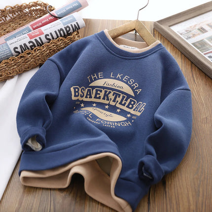 New Autumn winter Boys girls Fleece Thickened Sweater Cartoon Printed Letters Children's Leisure Fake 2 Piece Warm Top 3-14Y