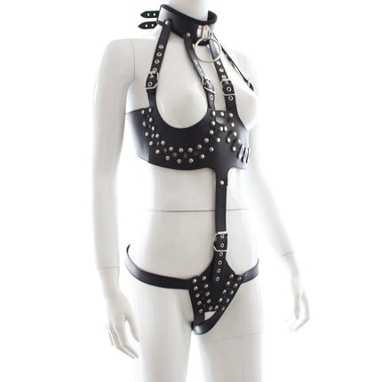 Thierry Adult Games Fetish  Leather Women's Bondage Cupless Bare Breast Open The Crotch With Neck Collar Chastity Device