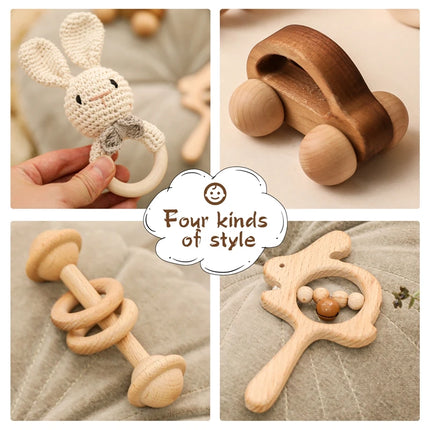 Let's Make 4pcs/set Wooden Rattle Sets Cartoon Animal Crochet Rattle Wood Car Block Soother Teether Set Montessori Toddler Toy