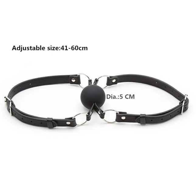 Double Belt Mouth Gag with Solid Silicone Ball D=50mm PU Leather Bondage Fun Sex Toy Mouth Plug Black