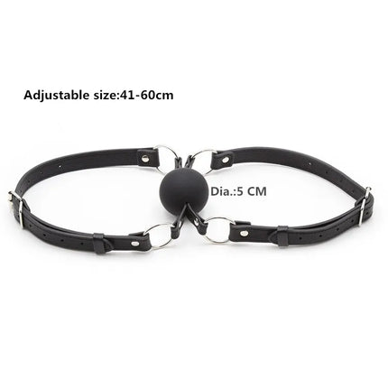 Double Belt Mouth Gag with Solid Silicone Ball D=50mm PU Leather Bondage Fun Sex Toy Mouth Plug Black