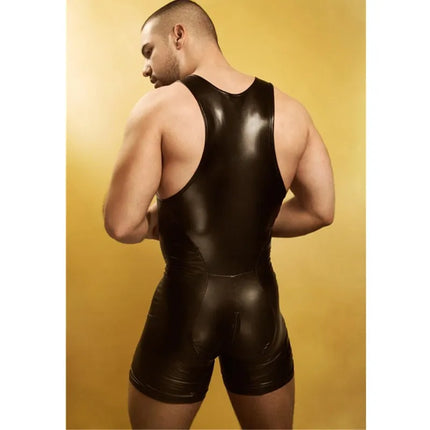 Men Lingerie Bodysuit Black Sexy Wetlook Faux Leather Zipper Open Bust Stretch Tight Erotic Catsuit Fetish Gay Costumes Clubwear