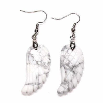 KFT Natural Carved Healing Reiki Crystal Quartz Stone Earring Amethysts Lapis Lazuli Angel Wing Dangle Hook Stone Earrings