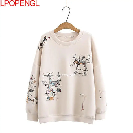 Harajuku Sweatshirt Women 2026 Autumn Winter New Fashion Casual Stitch-embroidered Long-sleeved O- Neck Breathable Hoodie Top