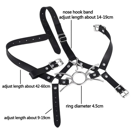 Leather Restraints Head Harness Nose Hook Oral Fixation Open Mouth Gag BDSM Bondage Erotic Adult Games Roleplay Couples Sex Toys