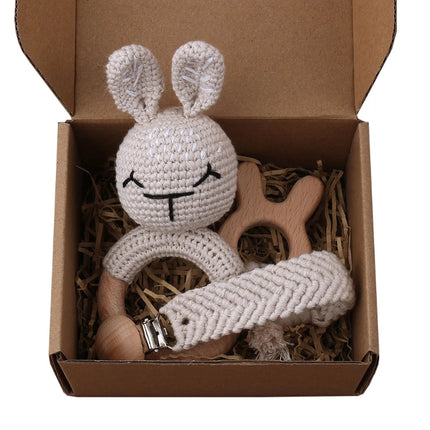 3Pcs/set Infants Shower Gift Baby Pacifier Chain Clip Beech Teether Wooden Teething Ring Newborn Crochet Animal Rabbite Rattle