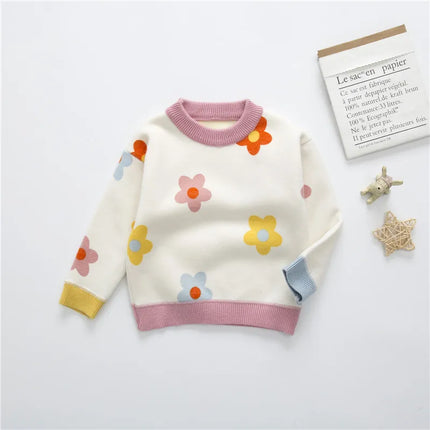 2024 Autumn Winter Girls Floral Knitted Sweater Baby Kids Thick Keep Warm Long Sleeve Tops Toddler Children's Pullover for Girls