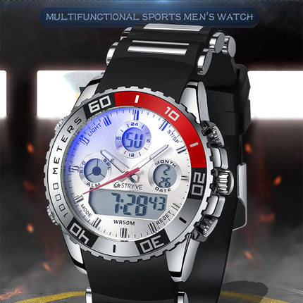 STRYVE 8023 Men's Watch Electronic Quartz Dual Movement Rubber Strap Date Week Luminous 50M Water Resistant Fashion Sports Watch