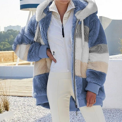 2024 Autumn Winter Warm Plush Patchwork Zipper Pocket Hooded Loose Coat for Women